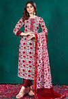 Digital Printed Rayon Pakistani Suit in White and Red