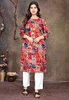 Digital Printed Rayon Straight Kurta in Red