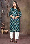 Digital Printed Rayon Straight Kurta in Teal Blue