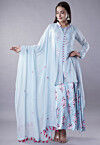 Digital Printed Satin Abaya Style Suit in Sky Blue