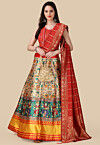 Digital Printed Satin Lehenga in Beige