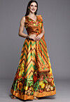 Digital Printed Satin Lehenga in Mustard