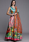 Digital Printed Satin Lehenga in Pink and Light Blue