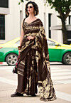 Digital Printed Satin Saree in Brown