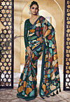 Digital Printed Satin Saree in Green