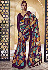 Digital Printed Satin Saree in Purple