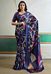 Digital Printed Satin Silk Saree in Navy Blue