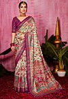 Digital Printed Tussar Silk Saree in Off White