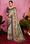 Digital Printed Tussar Silk Saree in Off White