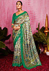 Digital Printed Tussar Silk Saree in Off White