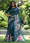 Digital Printed Tussar Silk Saree in Teal Blue