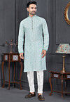 Digital Printed Viscose Cotton Kurta Set in Off White