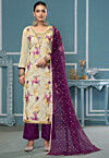Digital Printed Viscose Silk Jacquard Pakistani Suit in Cream