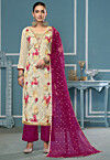 Digital Printed Viscose Silk Jacquard Pakistani Suit in Cream