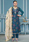 Digital Printed Viscose Silk Pakistani Suit in Teal Blue