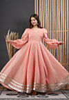 Embellished Chanderi Silk Gown in Peach