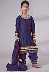 Embellished Chanderi Silk Punjabi Suit in Navy Blue