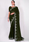 Embellished Chiffon Saree in Dark Green