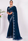 Embellished Chiffon Saree in Navy Blue