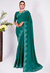 Embellished Chiffon Saree in Teal Blue