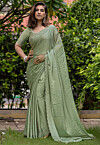 Embellished Chinon Chiffon Scalloped Saree in Dusty Green