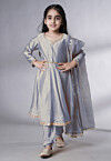 Embellished Cotton Silk A Line Suit in Grey