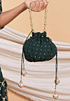Embellished Geogrette Potli Bag in Dark Green