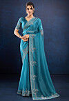 Embellished Organza Saree in Blue