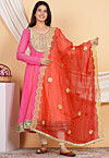 Embellished Organza Scalloped Dupatta in Red