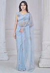 Embellished Organza Scalloped Saree in Light Blue