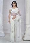 Embellished Organza Scalloped Saree in Off White