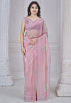 Embellished Organza Scalloped Saree in Pink