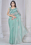 Embellished Organza Scalloped Saree in Sea Green