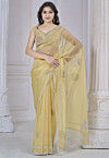Embellished Organza Scalloped Saree in Yellow