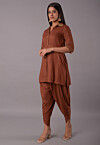 Embellished Rayon Tunic Set in Brown
