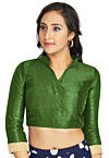 Embellished Sleeve Art Silk Blouse in Olive Green