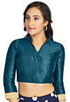 Embellished Sleeve Art Silk Blouse in Teal Blue