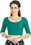 Embellished Sleeve Art Silk Blouse in Teal Green