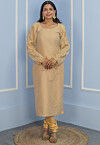 Embellished Sleeves Cotton Silk Straight Kurta Set in Beige