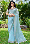 Embellished Tissue Saree in Light Blue