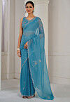 Embellished Tissue Saree in Light Blue