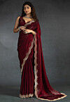 Embellished Tissue Scalloped Saree in Maroon