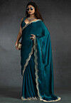 Embellished Tissue Scalloped Saree in Teal Blue