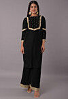 Embellished Velvet Straight Kurta Set in Black