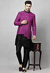 Embroidered Art Dupion Silk Jodhpuri Suit in Magenta and Black