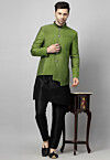 Embroidered Art Dupion Silk Jodhpuri Suit in Olive Green and Black