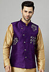 Embroidered Dupion Silk Nehru Jacket in Violet