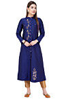 Embroidered Art Silk A Line Kurta in Navy Blue