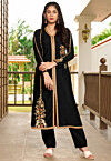 Embroidered Art Silk A Line Kurta Set in Black
