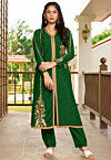 Embroidered Art Silk A Line Kurta Set in Dark Green